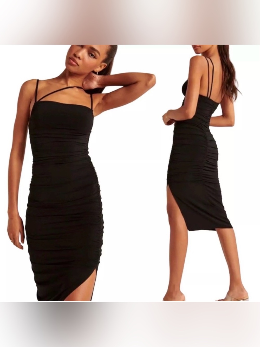 Abercrombie & Fitch Black Ruched Strappy Midi Dress
